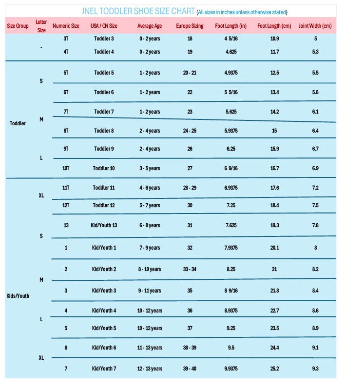 JNEL TODDLER/ KIDS SHOE SIZE CHART
